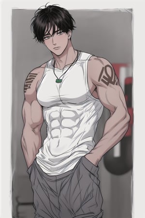 (masterpiece, best quality, highres:1.3), ultra resolution image, Tall boy with dark brown hair and dark brown eyes is standing with his hands in his pockets. He has a young, masculine face. His hair is in a middle part. He is wearing a green tank top with bulging muscles. His hand is on his head. He is wearing very tight sweatpants and his legs are muscular. He is hispanic and he is tan. He has hair in a middle part. His full body is shown. He has a serious look. His eyes are beautiful. He is young. He has tan skin. you can see his abs and muscular chest through his tank top. He is tan and his skin is dark. His eyes are big. You can see his abs through the tank top. He has a middle part hair. Boy. Guy.. boy male. you can see his abs and chest through the tank top. Hot guy. Boy is wearing necklace. You can see the boys abs through the tank top. The boy is tan. Hand is on head. He has a tatoo on his shoulder. slim,
