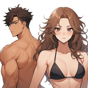 (masterpiece), white background
1guy, webtoon, 
back hair, tan skin, brown eyes, proportional face, messy hair, handsome, sexy, attractive face, muscular, messy hair, upper body, buff, hair on forehead, 

sexy girl next to him wearing bikini, sexy cute girl, 