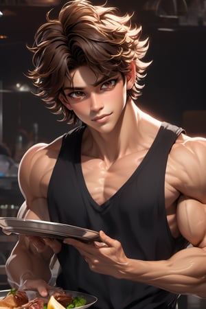 male, about 19 years old, messy hair, fluffy hair, extremely handsome, sexy, proportional face, wearing tank top, brown eyes, diamond earrings, necklace, sexy, waiter, wearing black collar shirt, holding tray, bulging muscles