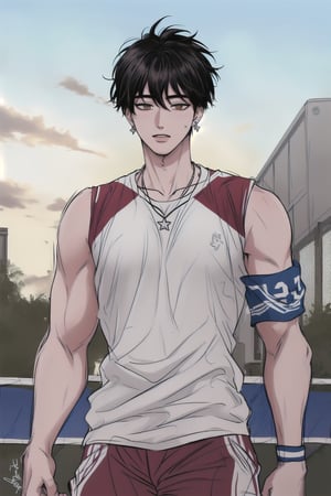 (masterpiece, best quality, highres:1.3), ultra resolution image, (1guy), male, about 19 years old, messy hair, fluffy hair, extremely handsome, sexy, proportional face, wearing tank top, brown eyes, diamond earrings, necklace, sexy, wearing volleyball jersey, armband, white hair, 