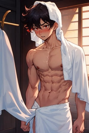 curly_hair, red_eyes, focused, clear_shapes, Yo Shindo, one_person, shirtless, solo, aheago, abs, mouth_open, blushing, naked towel, worried