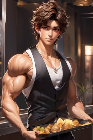 male, about 19 years old, messy hair, fluffy hair, extremely handsome, sexy, proportional face, wearing tank top, brown eyes, diamond earrings, necklace, sexy, waiter, wearing suit vest, holding tray, bulging muscles