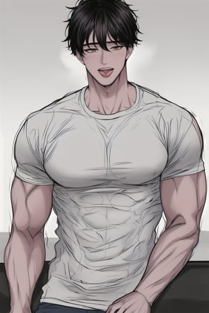 (masterpiece, best quality, highres:1.3), ultra resolution image, (1guy), male, (solo), upper body, tongue, muscular, tan skin, abs hot, wearing compression t-shirt, tan, super handsome, messy hair, tan, 