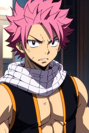 masterpiece, best quality, high quality, 1boy, solo, male focus, upper_body, 1boy, black eyes, pink hair, matte skin, short hair, messy hair, muscle, Natsu Dragneel,natsu_dragneel,pink hair, upper body, mucsular arms and chest, 