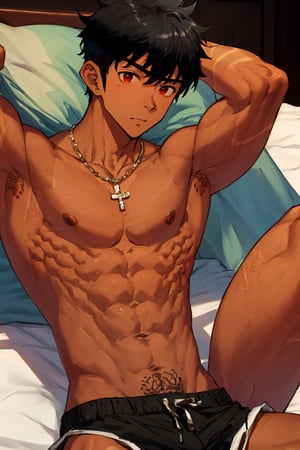 solo, male,1boy,shota,black hair,red eyes,abs, shirtless, tatooos, muscles, lying down, bed, necklace, tan, big, muscles, tan, 