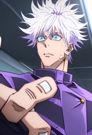 1man,stubble,Gojo Satoru ,hair between eyes, white hair,short hair,blue eyes,colored eyelashes,lean muscle, handsome, sweaty body, sweaty hair, chest muscles,,4K,masterpiece, super detailed,male, about 19 years old, messy hair, fluffy hair, extremely handsome, sexy, proportional face, beautiful eyes, wearing compression shirt