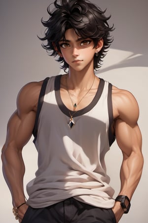 male, about 19 years old, messy hair, fluffy hair, extremely handsome, sexy, proportional face, wearing tank top, brown eyes, diamond earrings, necklace, sexy, black hair, tan skin, fluffy hair, tan,