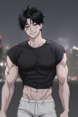 1 boy, edge light, toji fushiguro, tight black t-shirt, loose white pants, black hair, face with scar, smiling, city background, Jujutsu Kaisen, mix of fantasy and realism, special effects, fantasy, ultra HD, HDR, 4K, face in focus, best quality, face in focus, dutch angle, muscular, male,, messy hair, fluffy hair, extremely handsome, sexy, proportional face, abs, obliques, ches,t 