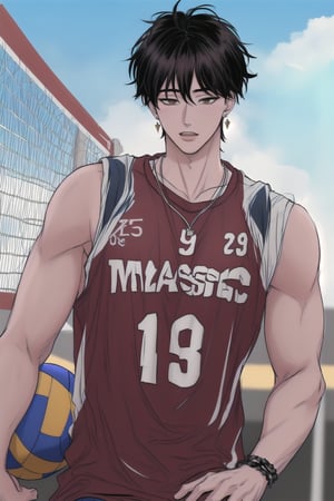 (masterpiece, best quality, highres:1.3), ultra resolution image, (1guy), male, about 19 years old, messy hair, fluffy hair, extremely handsome, sexy, proportional face, wearing tank top, brown eyes, diamond earrings, necklace, sexy, wearing volleyball jersey, armband, 