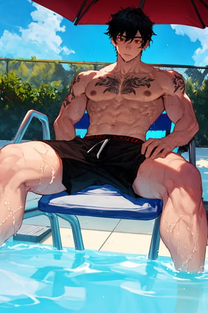 solo, male,1boy,shota,black hair,red eyes,spread legs,sky, abs, shirtless, tatoos, wet, muscles, big, muscles, lying down on pool chair, 