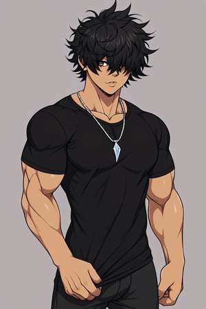 male, messy hair, fluffy hair, extremely handsome, sexy, proportional face, wearing compression shirt, brown eyes, necklace, sexy, tan,  muscular, hansome, sexy, defined jawline, sexy, hair over eyes, black hair, muscular, black shirt, 