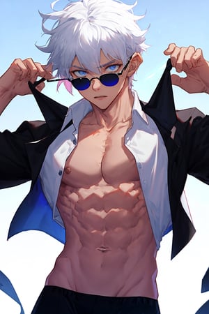 male_focus,1boy,male,,bulge, abs, muscles, white hair, black compression shirt, bright blue eyes, hot boy,circle glasses, white button up shirt, open shirt,, boy, teenager, open shirt, 