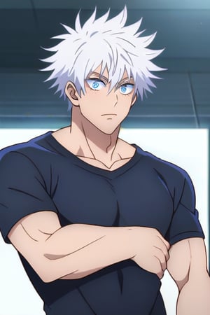 1man,stubble,Gojo Satoru ,hair between eyes, white hair,short hair,blue eyes,colored eyelashes,lean muscle, handsome, chest muscles,abdominal muscles,show chest and abdominal,4K,masterpiece, super detailed,male, about 19 years old, messy hair, fluffy hair, extremely handsome, sexy, proportional face, beautiful eyes, wearing compression shirt, tight shirt, 