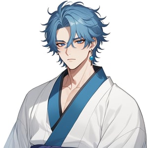 (masterpiece), white background
1guy, webtoon, 
extremely handsome boy, guy, clear skin, messy hair, muscular, wearing kimono, blue hair, messy hair, earrings, short hair, fluffy hair, 