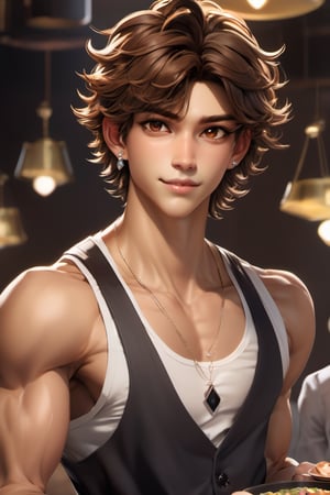 male, about 19 years old, messy hair, fluffy hair, extremely handsome, sexy, proportional face, wearing tank top, brown eyes, diamond earrings, necklace, sexy, waiter, wearing suit vest, holding tray, 