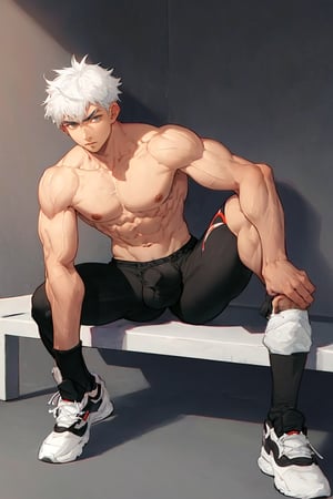 male_focus,1boy,male,sit,legs_apart,bulge, abs, muscles, white hair, 