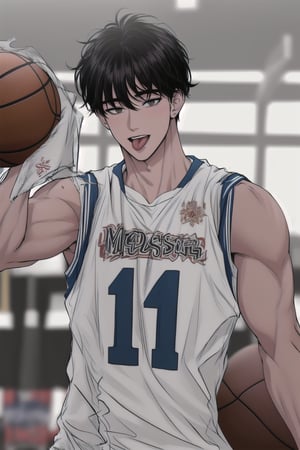 (masterpiece, best quality, highres:1.3), ultra resolution image, (1guy), male, (solo), upper body, tongue, muscular, tan skin, abs hot, wearing basketball jersey, wearing armband, tan, 