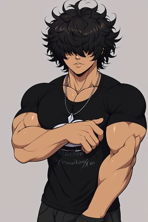 male, messy hair, fluffy hair, extremely handsome, sexy, proportional face, wearing compression shirt, brown eyes, necklace, sexy, tan,  muscular, hansome, sexy, defined jawline, sexy, hair over eyes, black hair, muscular, black shirt, 