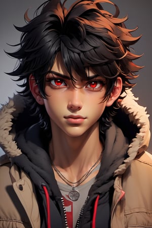 male, about 19 years old, messy hair, fluffy hair, extremely handsome, sexy, proportional face, black hair, red eyes, wearing jacket, wearing hood, older, mature, sexy, tan skin, neck tatoos, necklace, sexy, tan, 