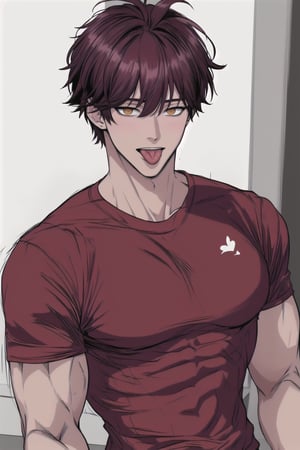 (masterpiece, best quality, highres:1.3), ultra resolution image, (1guy), male, (solo), upper body, tongue, muscular, tan skin, abs hot, wearing compression t-shirt, tan, super handsome, messy hair, tan,  pink hair, orange eyes, 