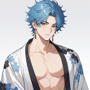 (masterpiece), white background
1guy, webtoon, 
extremely handsome boy, guy, clear skin, messy hair, muscular, wearing kimono, blue hair, messy hair, earrings, short hair, fluffy hair, puffy hair, sexy,