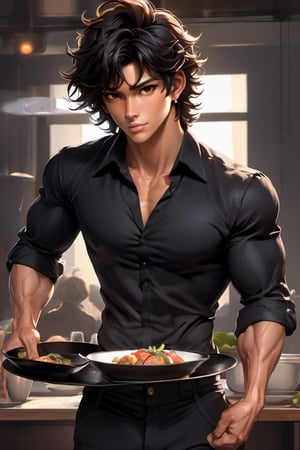 male, about 19 years old, messy hair, fluffy hair, extremely handsome, sexy, proportional face, brown eyes, diamond earrings, necklace, sexy, black hair, tan skin, fluffy hair, tan, waiter, wearing black collar shirt, holding tray, bulging muscles, short hair, top button unbuttoned, bulging muscles
