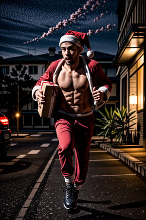 Santa man Running with a present box, full body shot,Masterpiece, night road,giga_busty,,<lora:659111690174031528:1.0>