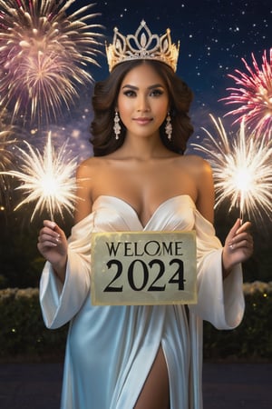 the goddess holding a sign with only ((text as "Welcome 2024"):1.2), night fireworks scene, dramatic lighting, more detail XL, tiara, accessory, gorgeous robe