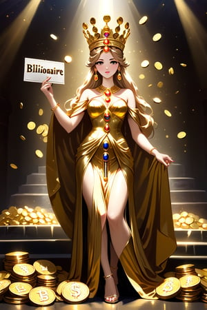 the Piles of gold coins and goddess holding a sign with only ((text as "billionaire in 2024!"):1.2), dramatic lighting, tiara, accessory, gorgeous robe, ,more detail XL