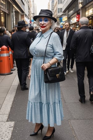 Joker dressed as a old woman wearing hat and having a bag, full body shot, on the crowded street, giga_busty