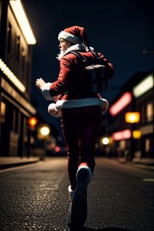 Santa Running, full body shot from side ,Masterpiece, night road,<lora:659111690174031528:1.0>