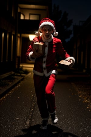 Santa man Running with a present box, full body shot,Masterpiece, night road,giga_busty,,<lora:659111690174031528:1.0>