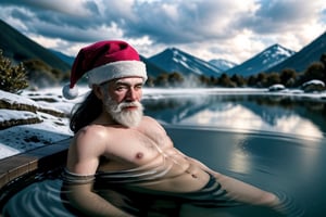 Santa in a Open-air hot springs, wearin only Santa's cap ,<lora:659111690174031528:1.0>