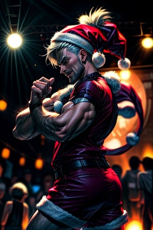 Santa is dancing, wearing perfect club fashon, in a night club,,<lora:659111690174031528:1.0>