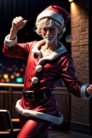 Santa is dancing, wearing perfect club fashon, in a night club,,<lora:659111690174031528:1.0>