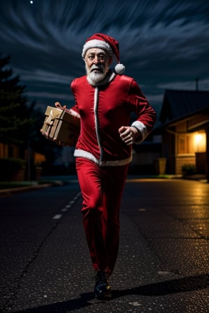 Santa man Running with a present box, full body shot,Masterpiece, night road,giga_busty,,<lora:659111690174031528:1.0>