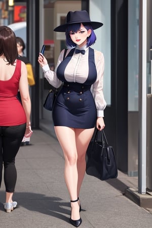 Joker dressed as a mature woman wearing hat and having a bag, full body shot, on the crowded street, giga_busty