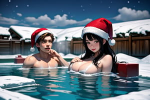 Busty and Santa in a Open-air hot springs, wearin Santa's cap and bathing wears ,<lora:659111690174031528:1.0>