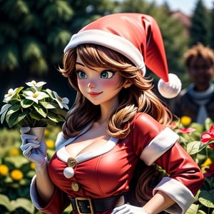 Santa Claus man and woman enjoy gardening.
upper body shot
