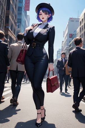 Joker dressed as a woman wearing hat and having a bag, full body shot, on the crowded street, giga_busty