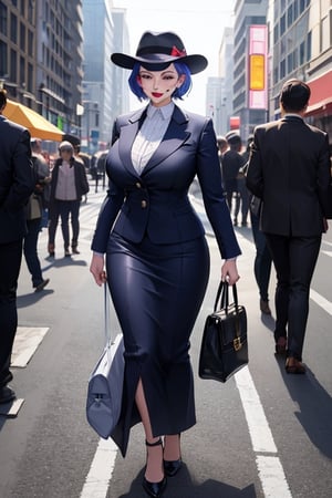 Joker dressed as a mature woman wearing hat and having a bag, full body shot, on the crowded street, giga_busty