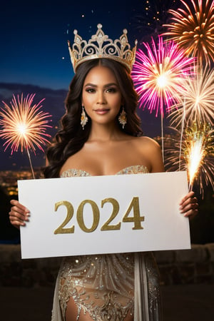 the goddess holding a sign with only ((text as "Welcome 2024"):1.2), night fireworks scene, dramatic lighting, more detail XL, tiara, accessory, gorgeous robe
