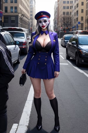 joker as a highschool girl wearing hat and uniforms, fully clothed , huge breasts, cleavage, full body shot, on the street, giga_busty