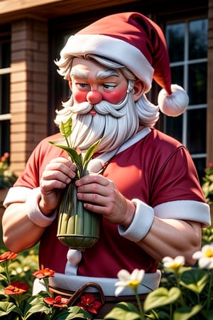 Santa Claus man and woman enjoy gardening.
upper body shot
