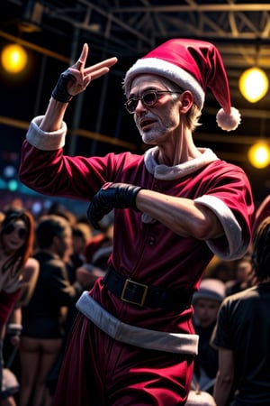 Santa is dancing, wearing perfect club fashon, in a night club,,<lora:659111690174031528:1.0>