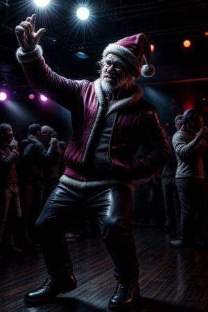 Santa is dancing, wearing perfect club fashon, in a night club,,<lora:659111690174031528:1.0>