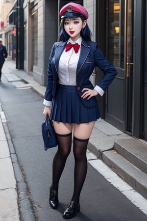 joker as a highschool girl wearing hat and uniforms, fully clothed , full body shot. on the street, giga_busty