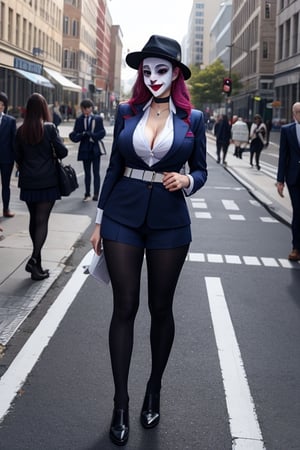 joker as a highschool girl wearing hat and school uniforms, fully clothed , huge breasts, cleavage, full body shot, on the street, giga_busty