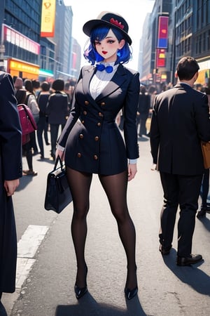 Joker dressed as a girl wearing hat and having a bag, full body shot, on the crowded street, giga_busty