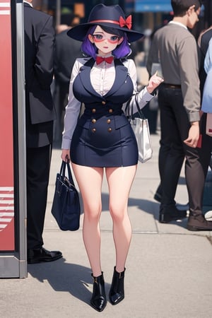 Joker dressed as a girl wearing hat and having a bag, full body shot, on the crowded street, giga_busty